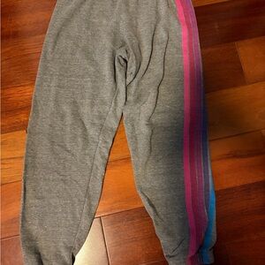 Aviator Nation Gray sweatpants with Pink, blue and purple stripes